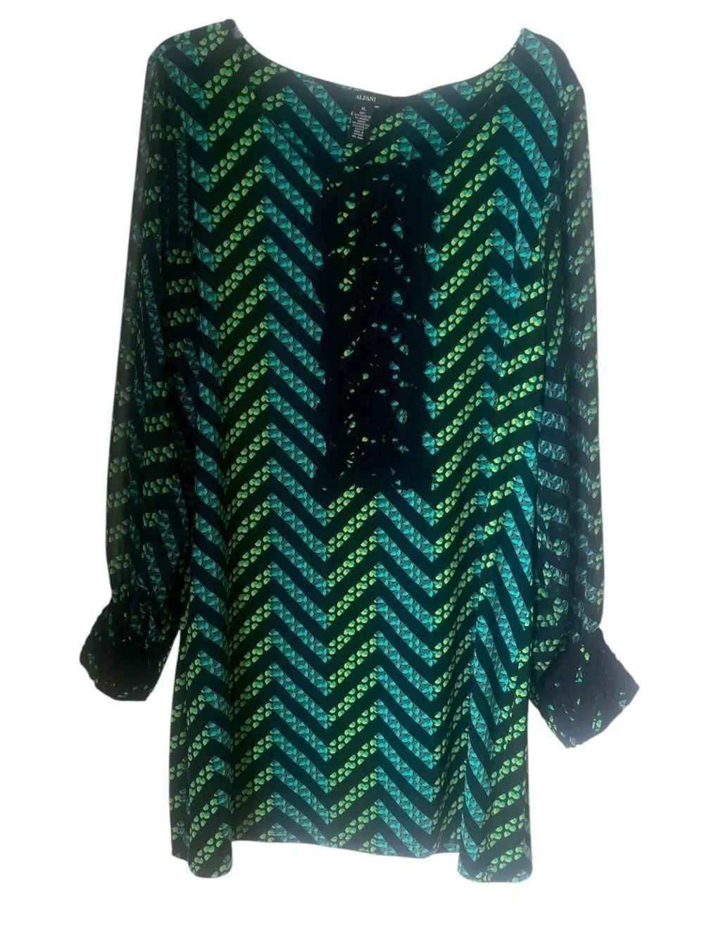 Alfani Chevron Boho Tunic Black Teal Green Crochet Detail Bell Sleeve Dress XL